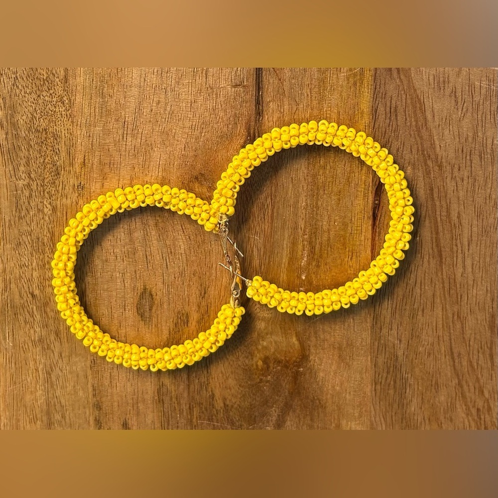 Bright Yellow Seed Bead Hoop Earrings Boho Summer Festival Vibes - Picture 9 of 9